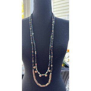 Premier Designs 19.5" Drop Bead Charm Blue Brown + Chain Statement Necklace NEW